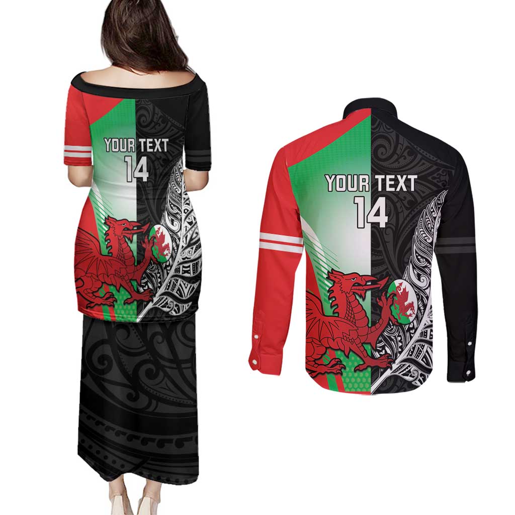 New Zealand and Wales Rugby Custom Couples Matching Puletasi and Long Sleeve Button Shirt Aotearoa All Black Combine Welsh Dragon - Wonder Print Shop