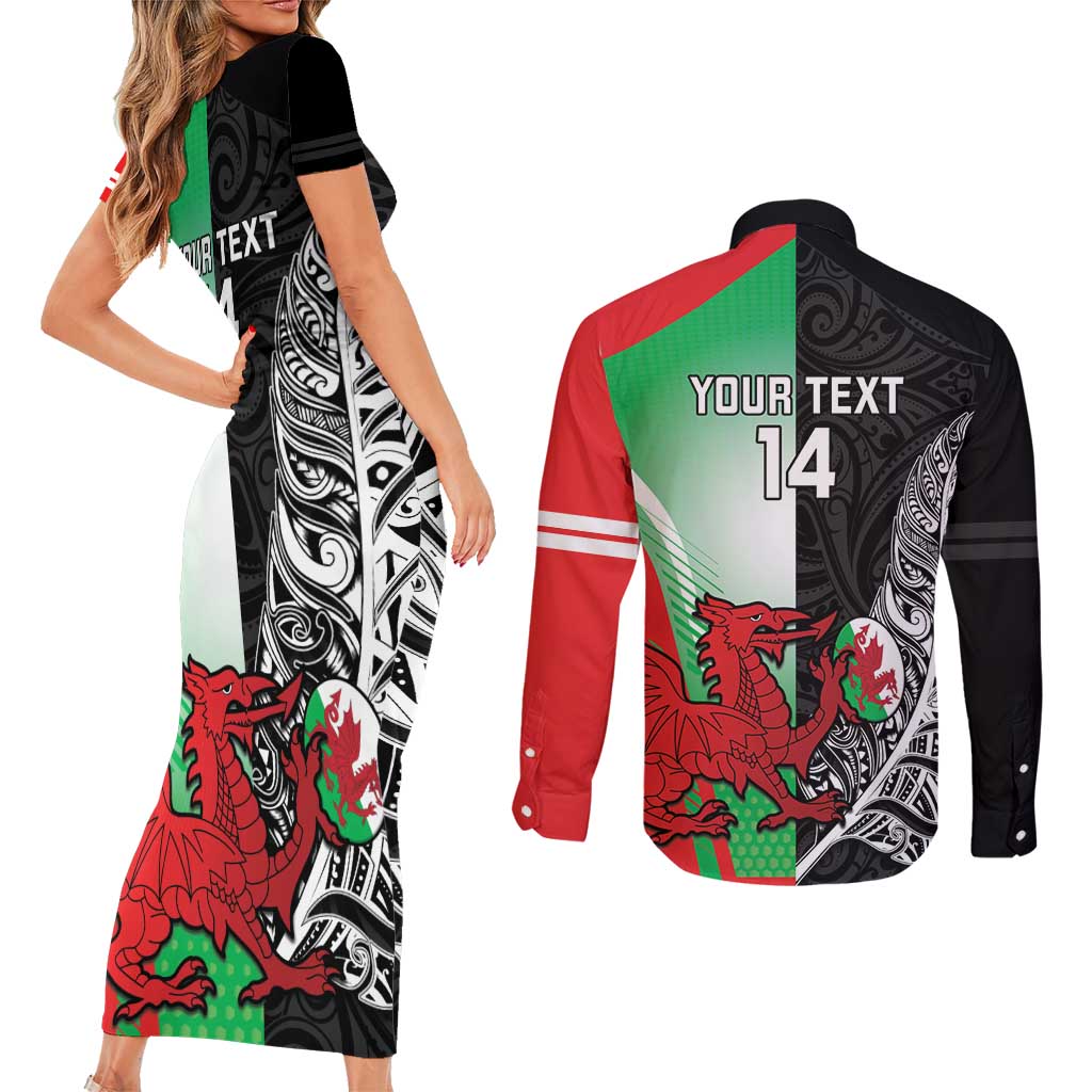 New Zealand and Wales Rugby Custom Couples Matching Short Sleeve Bodycon Dress and Long Sleeve Button Shirt Aotearoa All Black Combine Welsh Dragon - Wonder Print Shop