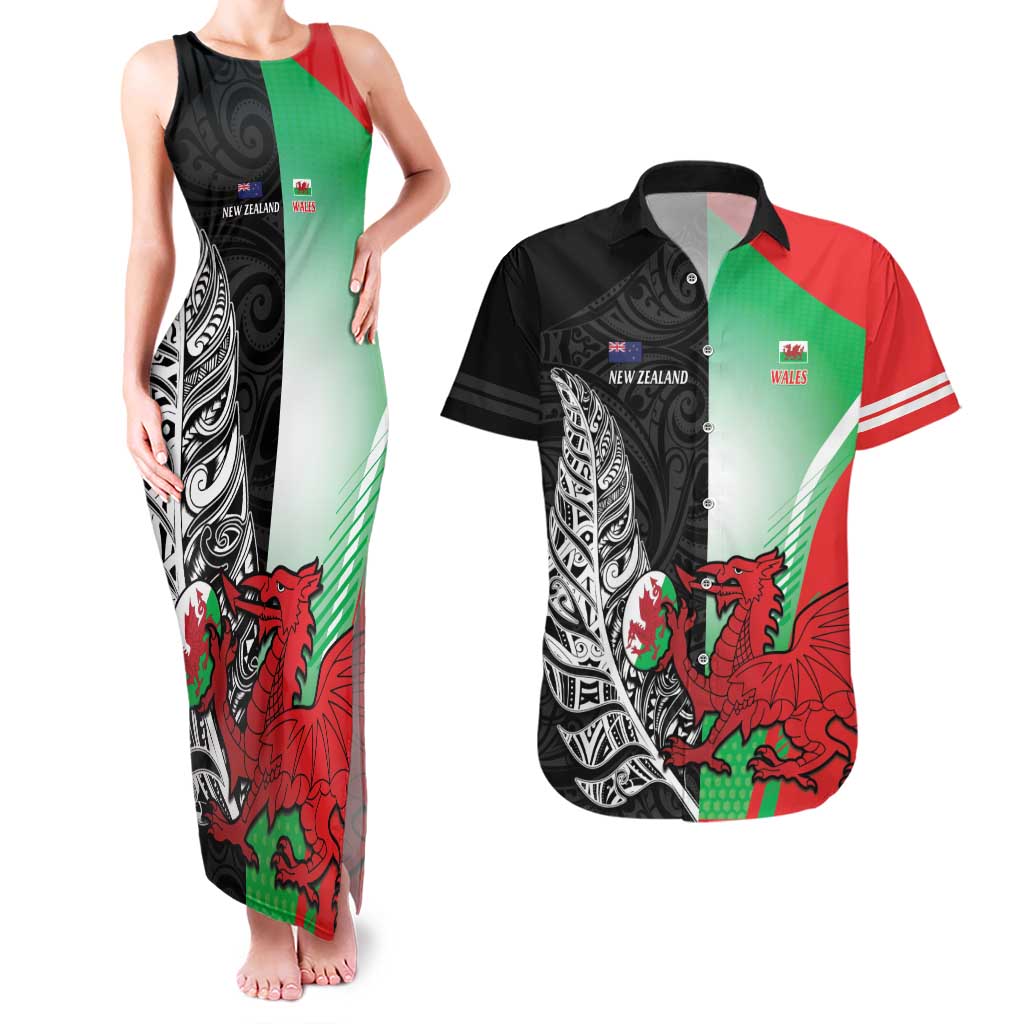 New Zealand and Wales Rugby Custom Couples Matching Tank Maxi Dress and Hawaiian Shirt Aotearoa All Black Combine Welsh Dragon - Wonder Print Shop