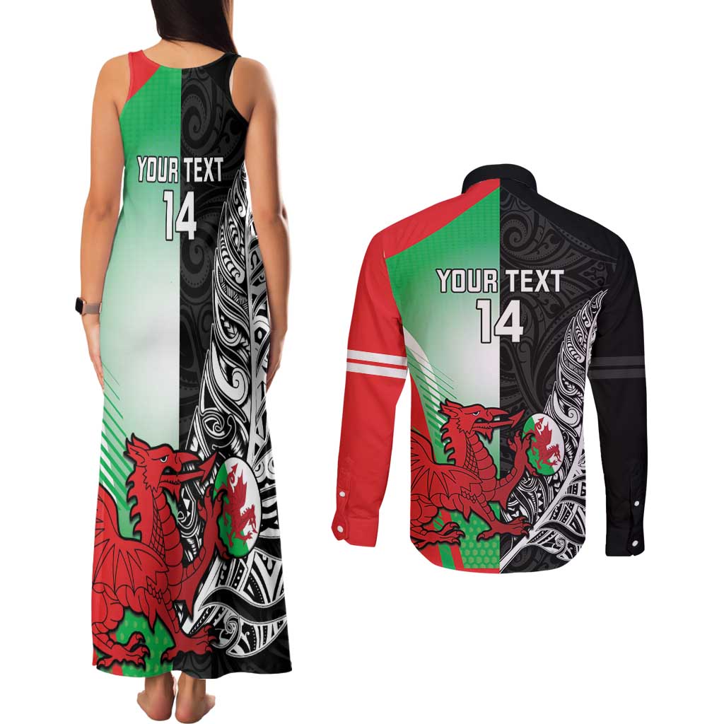 New Zealand and Wales Rugby Custom Couples Matching Tank Maxi Dress and Long Sleeve Button Shirt Aotearoa All Black Combine Welsh Dragon - Wonder Print Shop