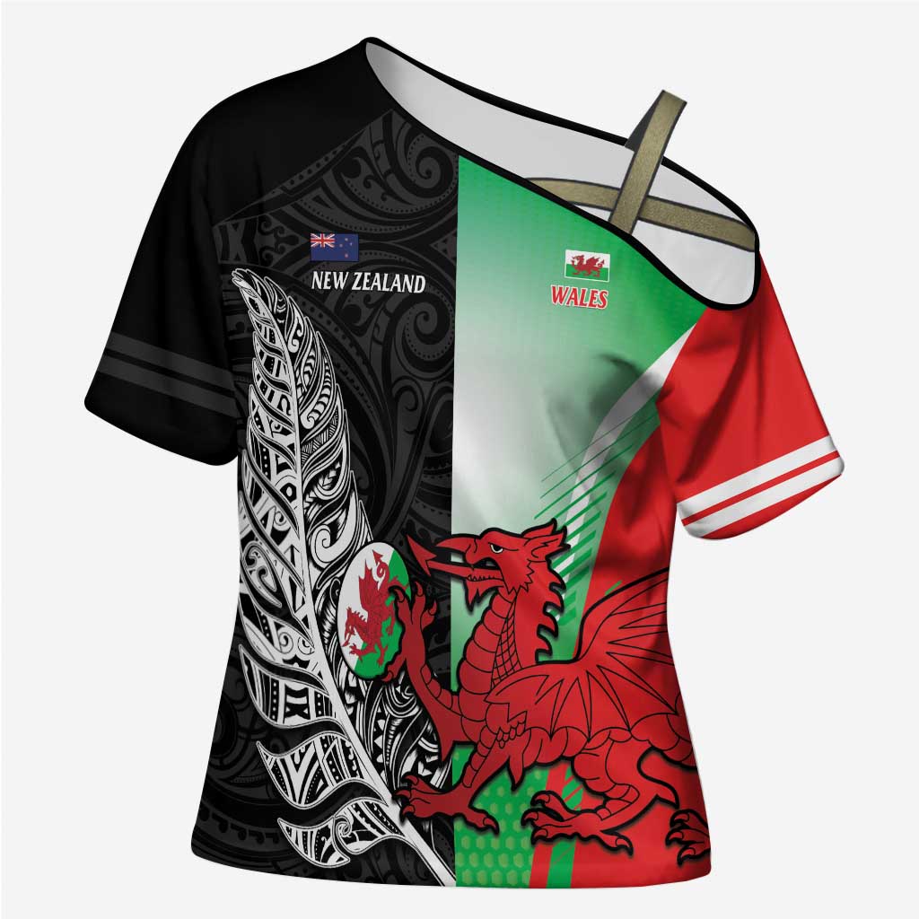 New Zealand and Wales Rugby Custom Cross Shoulder Shirt Aotearoa All Black Combine Welsh Dragon - Wonder Print Shop