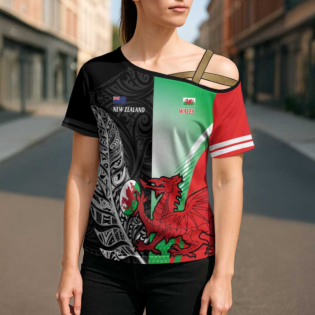 New Zealand and Wales Rugby Custom Cross Shoulder Shirt Aotearoa All Black Combine Welsh Dragon - Wonder Print Shop