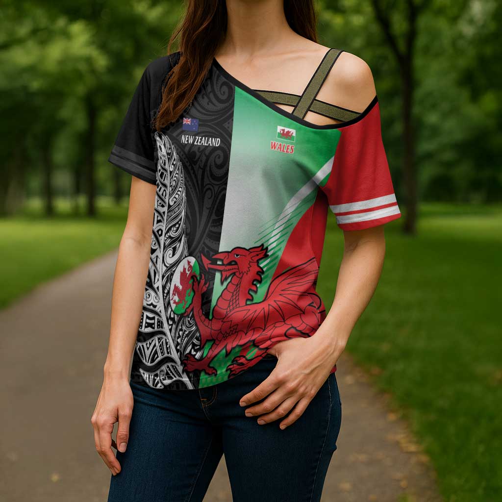 New Zealand and Wales Rugby Custom Cross Shoulder Shirt Aotearoa All Black Combine Welsh Dragon - Wonder Print Shop