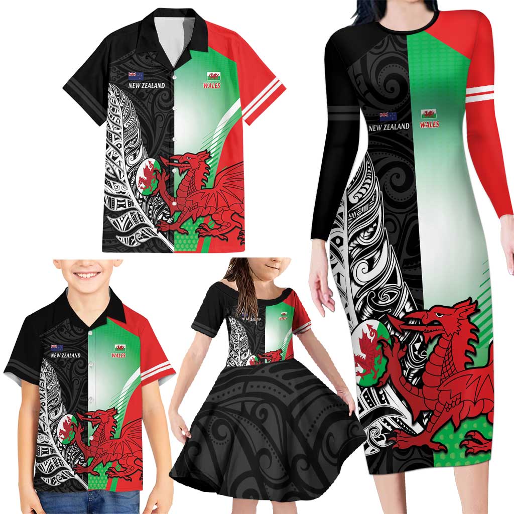 New Zealand and Wales Rugby Custom Family Matching Long Sleeve Bodycon Dress and Hawaiian Shirt Aotearoa All Black Combine Welsh Dragon - Wonder Print Shop