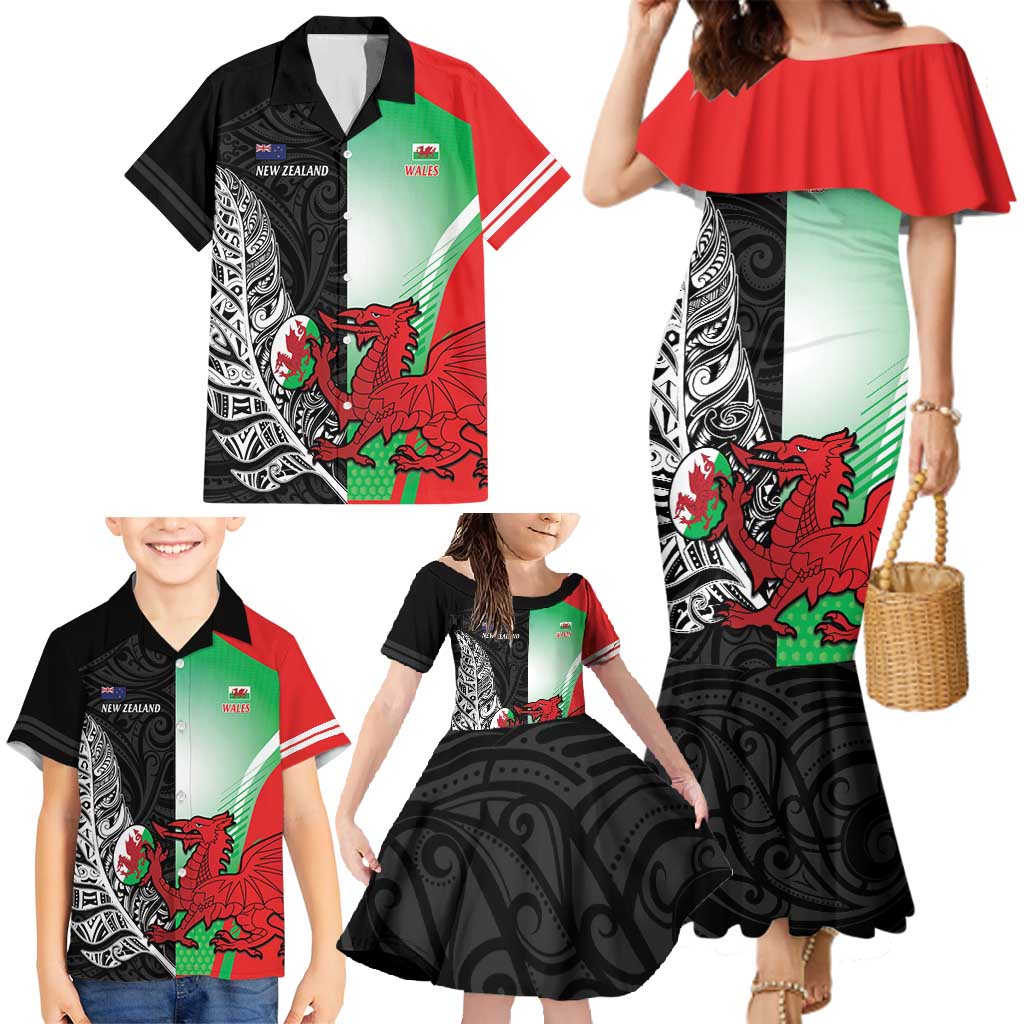 New Zealand and Wales Rugby Custom Family Matching Mermaid Dress and Hawaiian Shirt Aotearoa All Black Combine Welsh Dragon - Wonder Print Shop