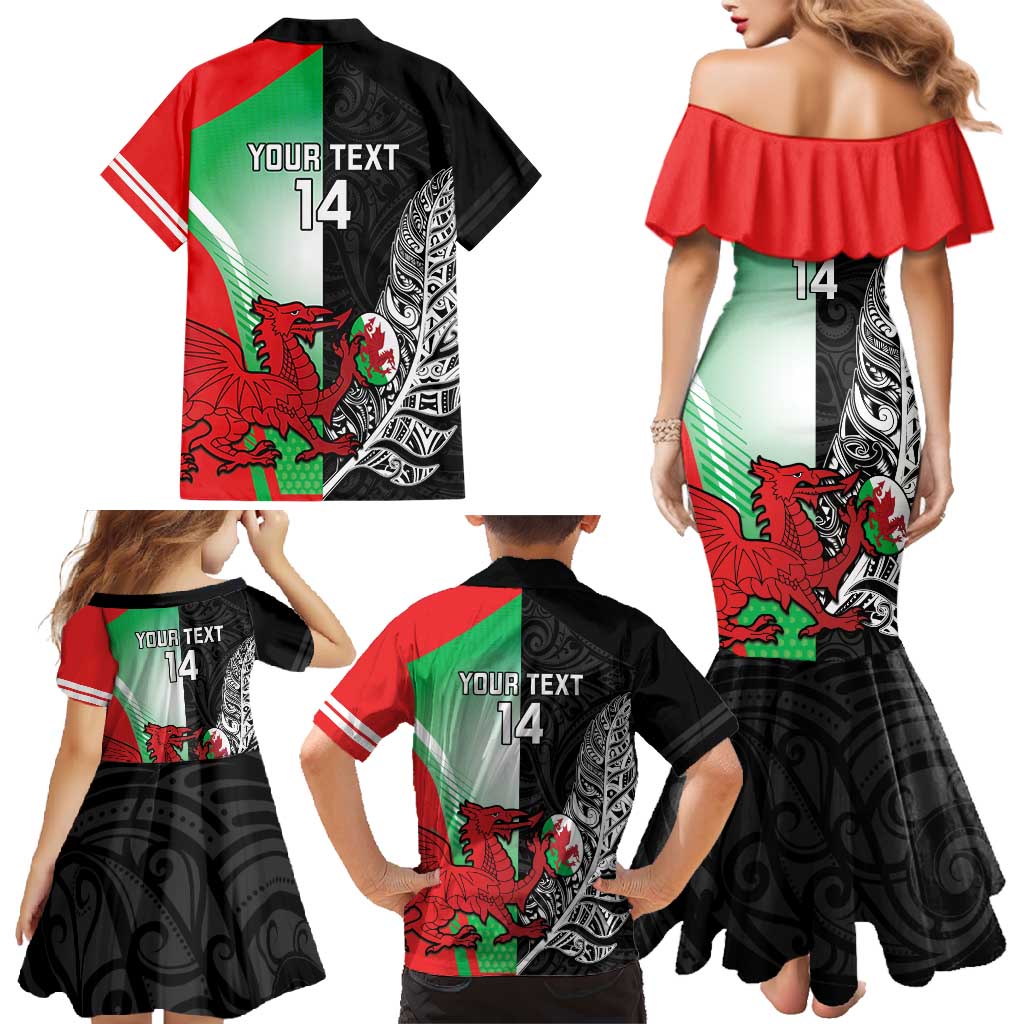 New Zealand and Wales Rugby Custom Family Matching Mermaid Dress and Hawaiian Shirt Aotearoa All Black Combine Welsh Dragon - Wonder Print Shop