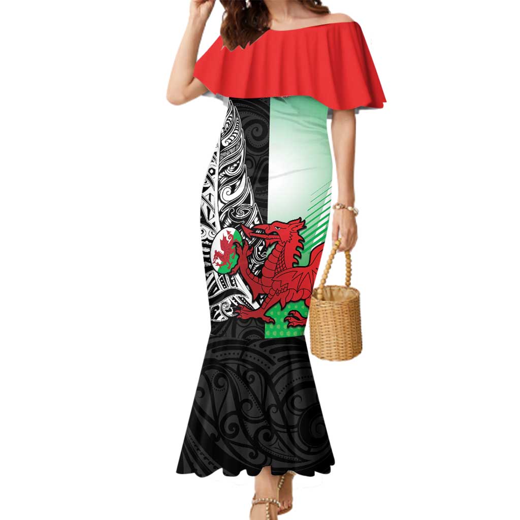 New Zealand and Wales Rugby Custom Family Matching Mermaid Dress and Hawaiian Shirt Aotearoa All Black Combine Welsh Dragon - Wonder Print Shop