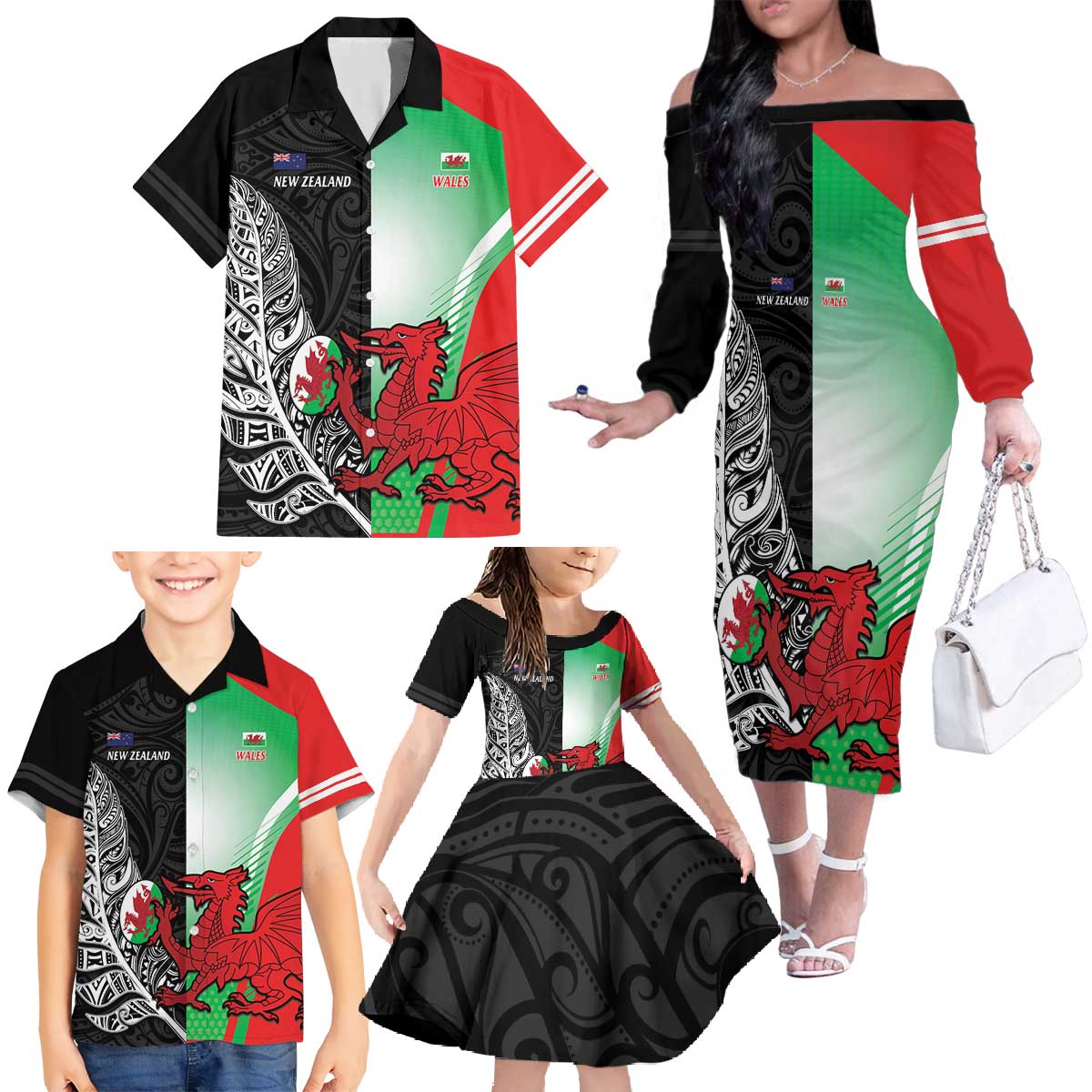 New Zealand and Wales Rugby Custom Family Matching Off The Shoulder Long Sleeve Dress and Hawaiian Shirt Aotearoa All Black Combine Welsh Dragon - Wonder Print Shop