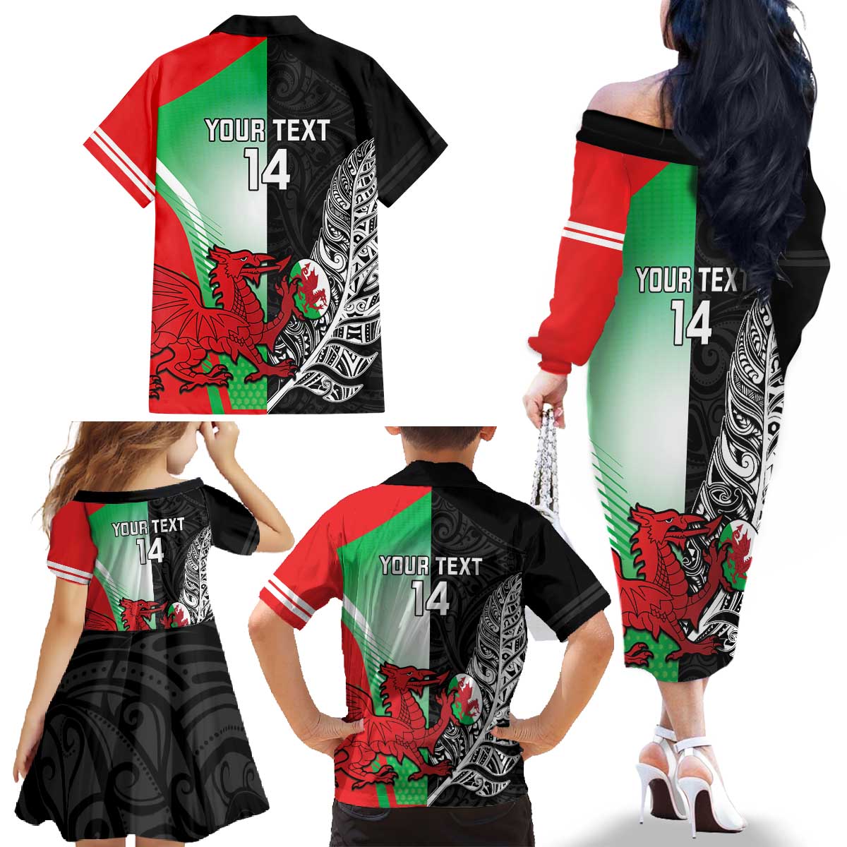 New Zealand and Wales Rugby Custom Family Matching Off The Shoulder Long Sleeve Dress and Hawaiian Shirt Aotearoa All Black Combine Welsh Dragon - Wonder Print Shop