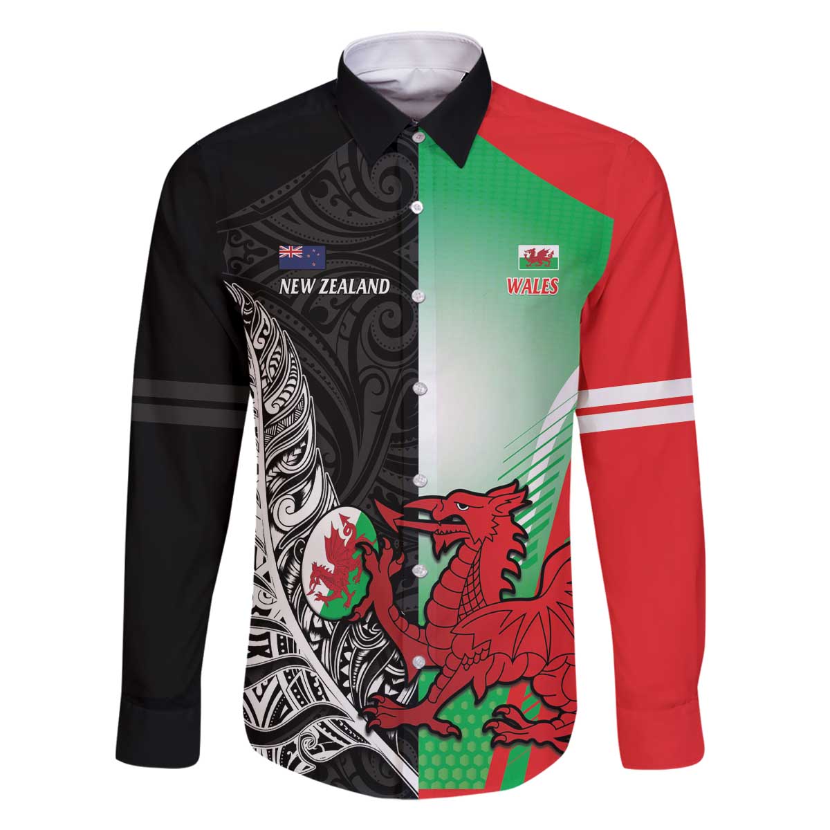 New Zealand and Wales Rugby Custom Family Matching Off The Shoulder Long Sleeve Dress and Hawaiian Shirt Aotearoa All Black Combine Welsh Dragon - Wonder Print Shop