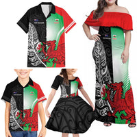 New Zealand and Wales Rugby Custom Family Matching Off Shoulder Maxi Dress and Hawaiian Shirt Aotearoa All Black Combine Welsh Dragon - Wonder Print Shop