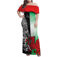 New Zealand and Wales Rugby Custom Family Matching Off Shoulder Maxi Dress and Hawaiian Shirt Aotearoa All Black Combine Welsh Dragon - Wonder Print Shop
