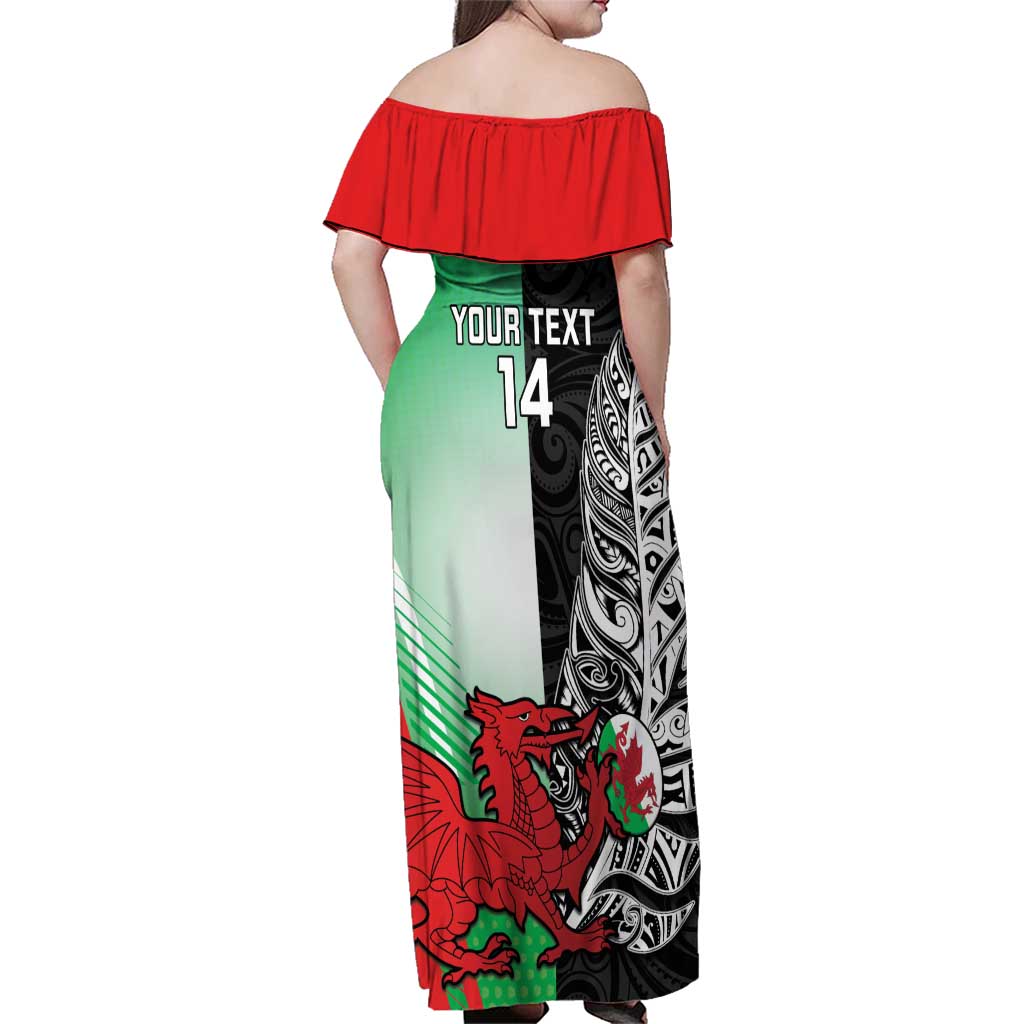 New Zealand and Wales Rugby Custom Family Matching Off Shoulder Maxi Dress and Hawaiian Shirt Aotearoa All Black Combine Welsh Dragon - Wonder Print Shop