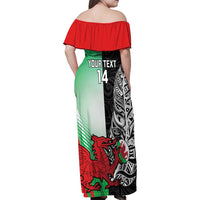 New Zealand and Wales Rugby Custom Family Matching Off Shoulder Maxi Dress and Hawaiian Shirt Aotearoa All Black Combine Welsh Dragon - Wonder Print Shop