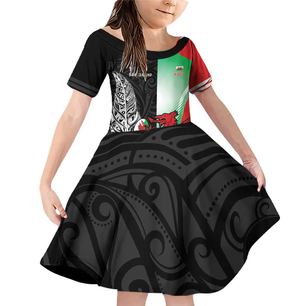 New Zealand and Wales Rugby Custom Family Matching Off Shoulder Short Dress and Hawaiian Shirt Aotearoa All Black Combine Welsh Dragon - Wonder Print Shop