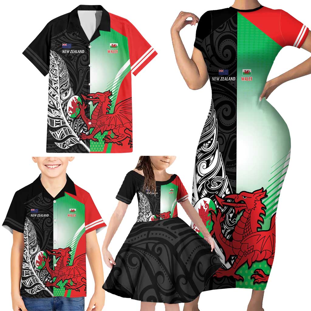 New Zealand and Wales Rugby Custom Family Matching Short Sleeve Bodycon Dress and Hawaiian Shirt Aotearoa All Black Combine Welsh Dragon - Wonder Print Shop