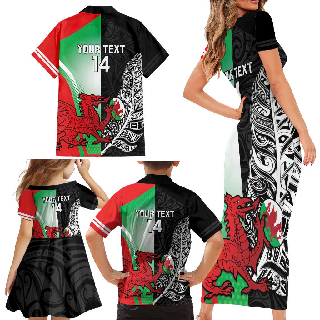 New Zealand and Wales Rugby Custom Family Matching Short Sleeve Bodycon Dress and Hawaiian Shirt Aotearoa All Black Combine Welsh Dragon - Wonder Print Shop