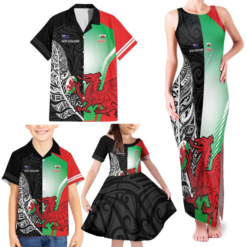New Zealand and Wales Rugby Custom Family Matching Tank Maxi Dress and Hawaiian Shirt Aotearoa All Black Combine Welsh Dragon - Wonder Print Shop