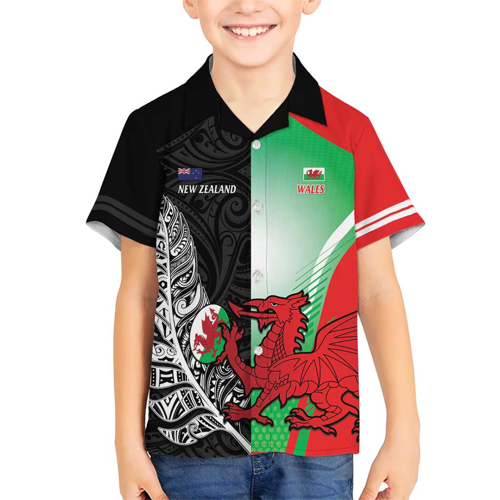 New Zealand and Wales Rugby Custom Kid Hawaiian Shirt Aotearoa All Black Combine Welsh Dragon - Wonder Print Shop