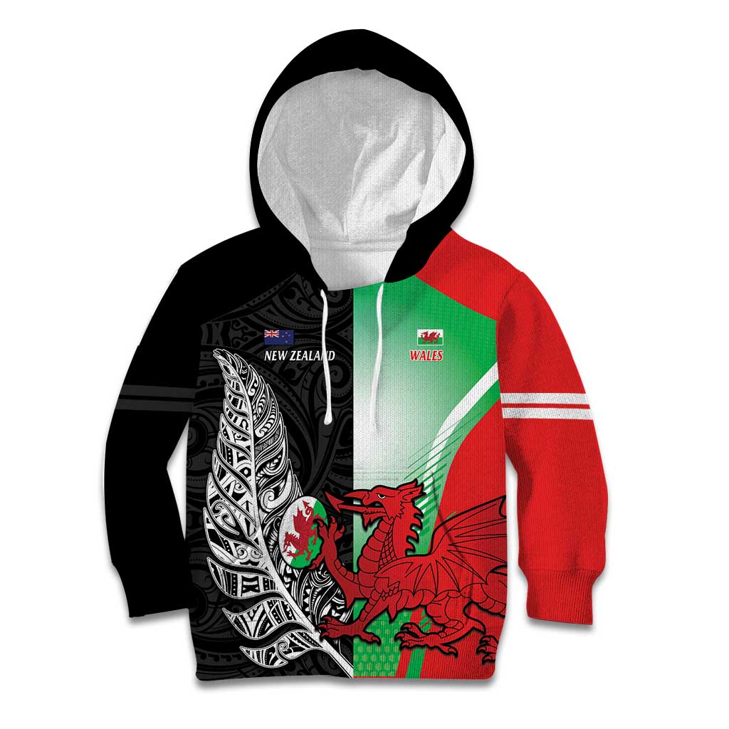 New Zealand and Wales Rugby Custom Kid Hoodie Aotearoa All Black Combine Welsh Dragon - Wonder Print Shop