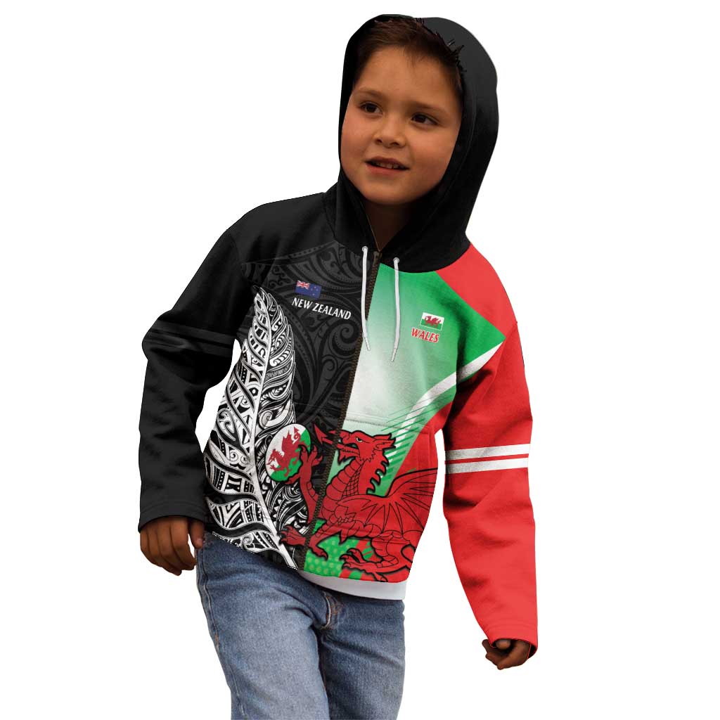New Zealand and Wales Rugby Custom Kid Hoodie Aotearoa All Black Combine Welsh Dragon - Wonder Print Shop