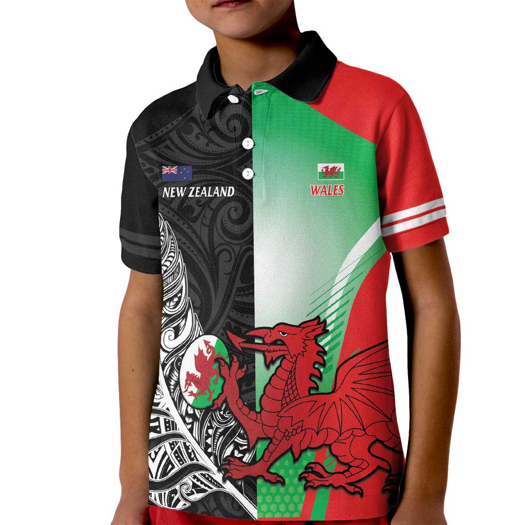 New Zealand and Wales Rugby Custom Kid Polo Shirt Aotearoa All Black Combine Welsh Dragon - Wonder Print Shop