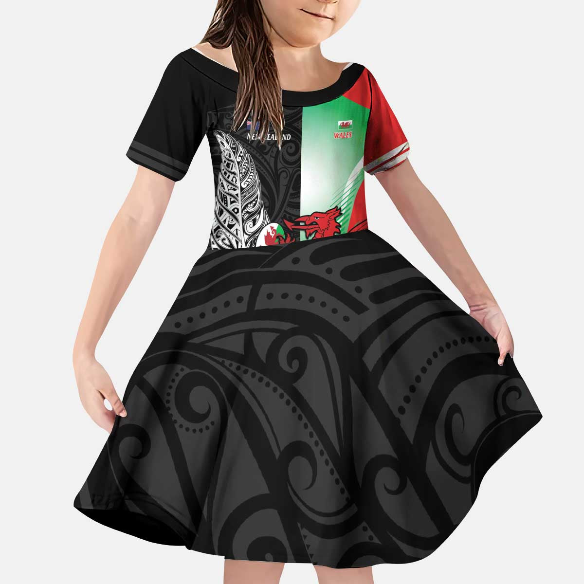 New Zealand and Wales Rugby Custom Kid Short Sleeve Dress Aotearoa All Black Combine Welsh Dragon - Wonder Print Shop