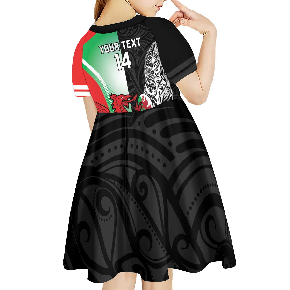 New Zealand and Wales Rugby Custom Kid Short Sleeve Dress Aotearoa All Black Combine Welsh Dragon - Wonder Print Shop