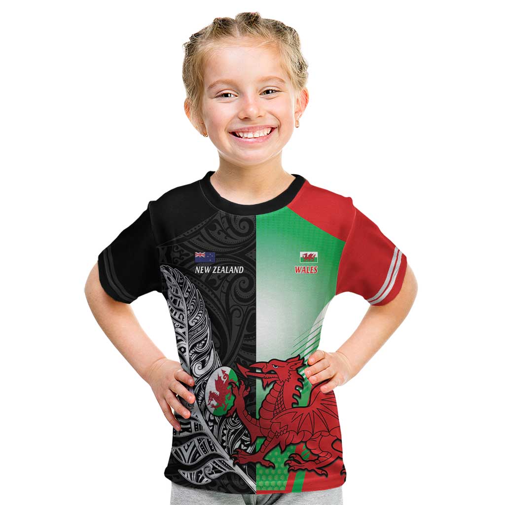 New Zealand and Wales Rugby Custom Kid T Shirt Aotearoa All Black Combine Welsh Dragon - Wonder Print Shop