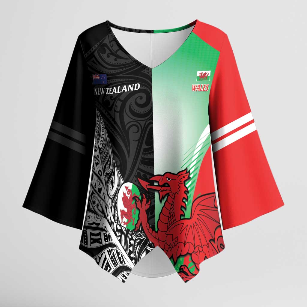 New Zealand and Wales Rugby Custom Kimono Sleeve Blouse Aotearoa All Black Combine Welsh Dragon - Wonder Print Shop