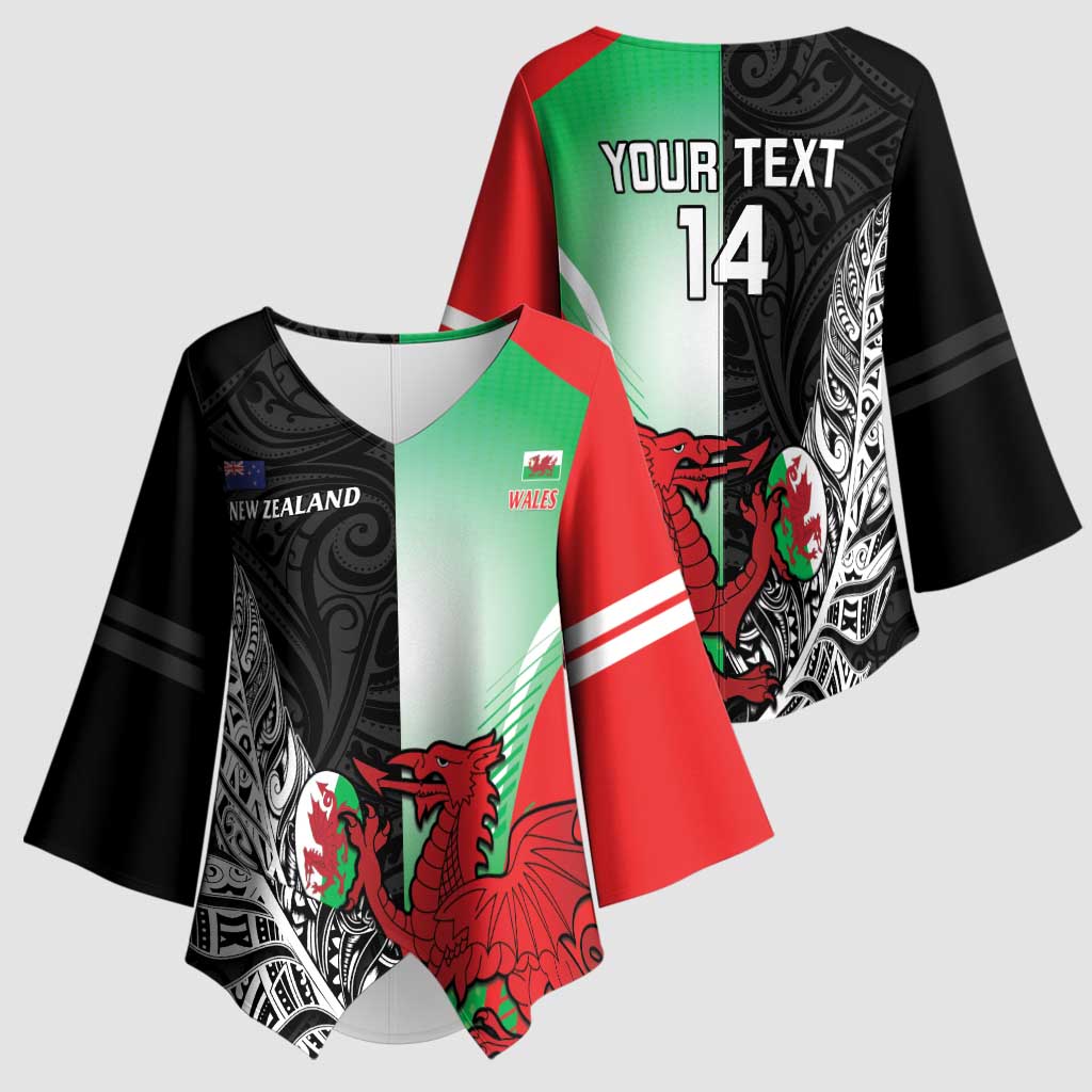 New Zealand and Wales Rugby Custom Kimono Sleeve Blouse Aotearoa All Black Combine Welsh Dragon - Wonder Print Shop