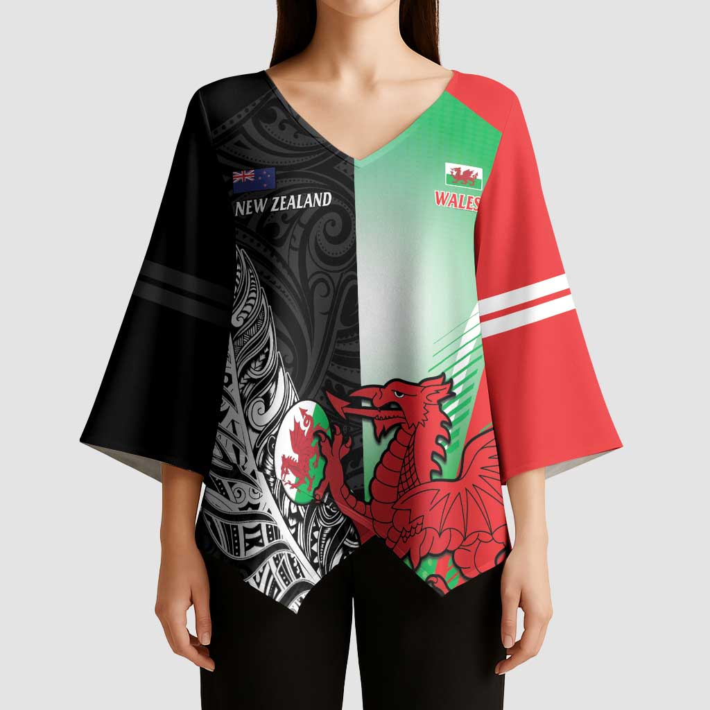 New Zealand and Wales Rugby Custom Kimono Sleeve Blouse Aotearoa All Black Combine Welsh Dragon - Wonder Print Shop