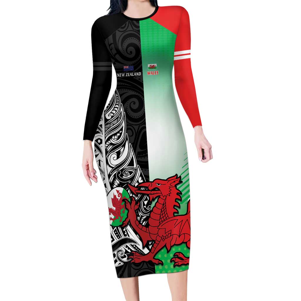 New Zealand and Wales Rugby Custom Long Sleeve Bodycon Dress Aotearoa All Black Combine Welsh Dragon - Wonder Print Shop