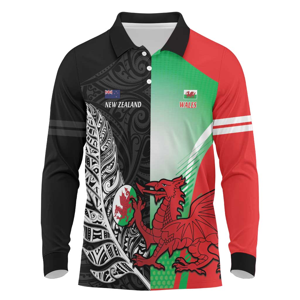 New Zealand and Wales Rugby Custom Long Sleeve Polo Shirt Aotearoa All Black Combine Welsh Dragon - Wonder Print Shop