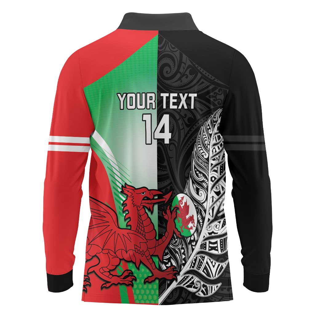 New Zealand and Wales Rugby Custom Long Sleeve Polo Shirt Aotearoa All Black Combine Welsh Dragon - Wonder Print Shop