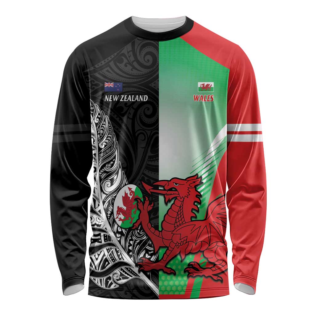 New Zealand and Wales Rugby Custom Long Sleeve Shirt Aotearoa All Black Combine Welsh Dragon - Wonder Print Shop