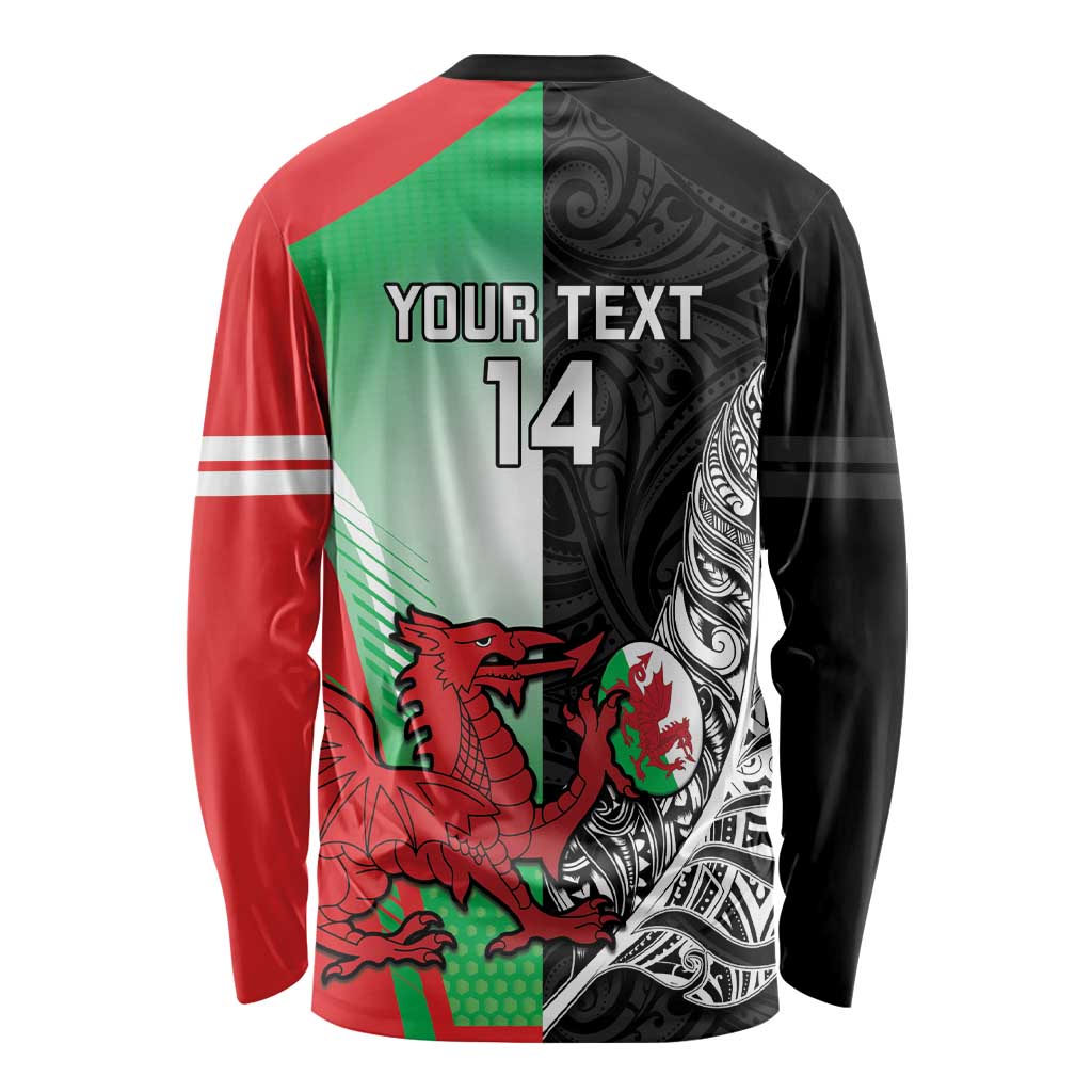 New Zealand and Wales Rugby Custom Long Sleeve Shirt Aotearoa All Black Combine Welsh Dragon - Wonder Print Shop