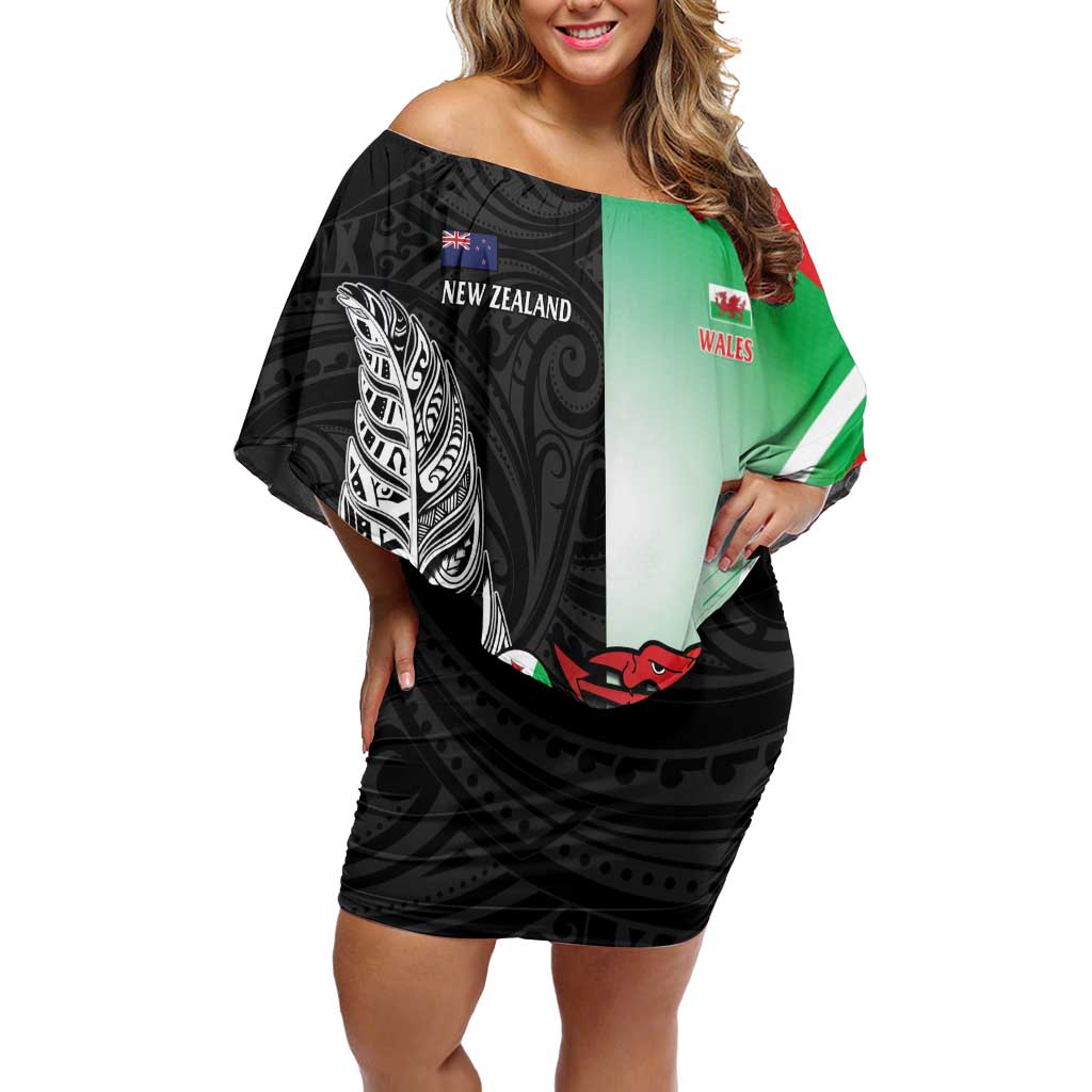 New Zealand and Wales Rugby Custom Off Shoulder Short Dress Aotearoa All Black Combine Welsh Dragon - Wonder Print Shop
