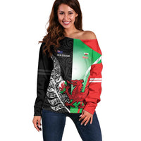 New Zealand and Wales Rugby Custom Off Shoulder Sweater Aotearoa All Black Combine Welsh Dragon - Wonder Print Shop