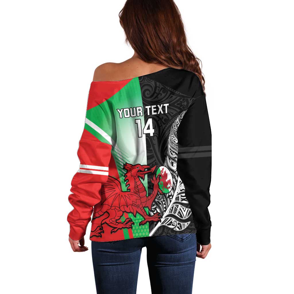 New Zealand and Wales Rugby Custom Off Shoulder Sweater Aotearoa All Black Combine Welsh Dragon - Wonder Print Shop