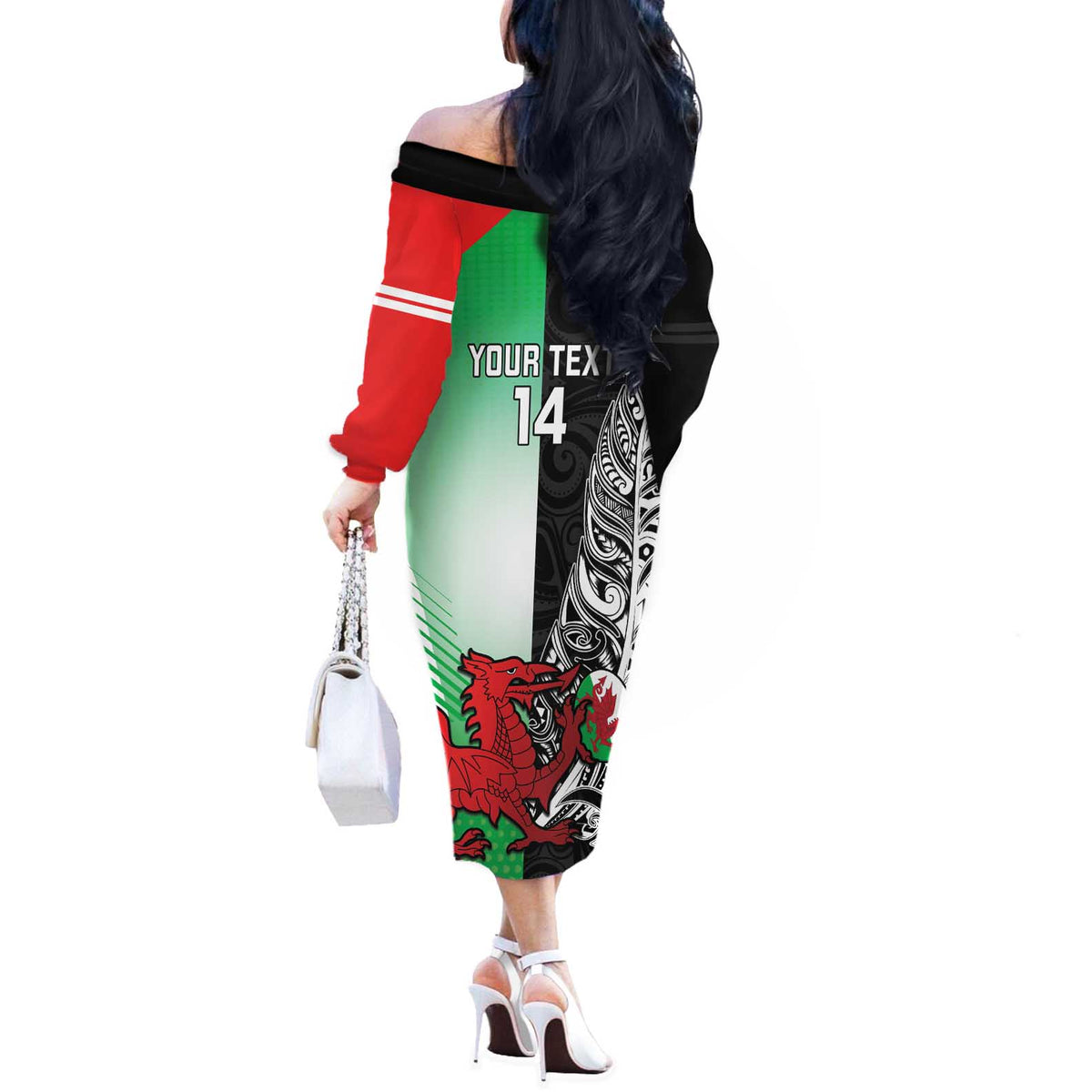 New Zealand and Wales Rugby Custom Off The Shoulder Long Sleeve Dress Aotearoa All Black Combine Welsh Dragon - Wonder Print Shop