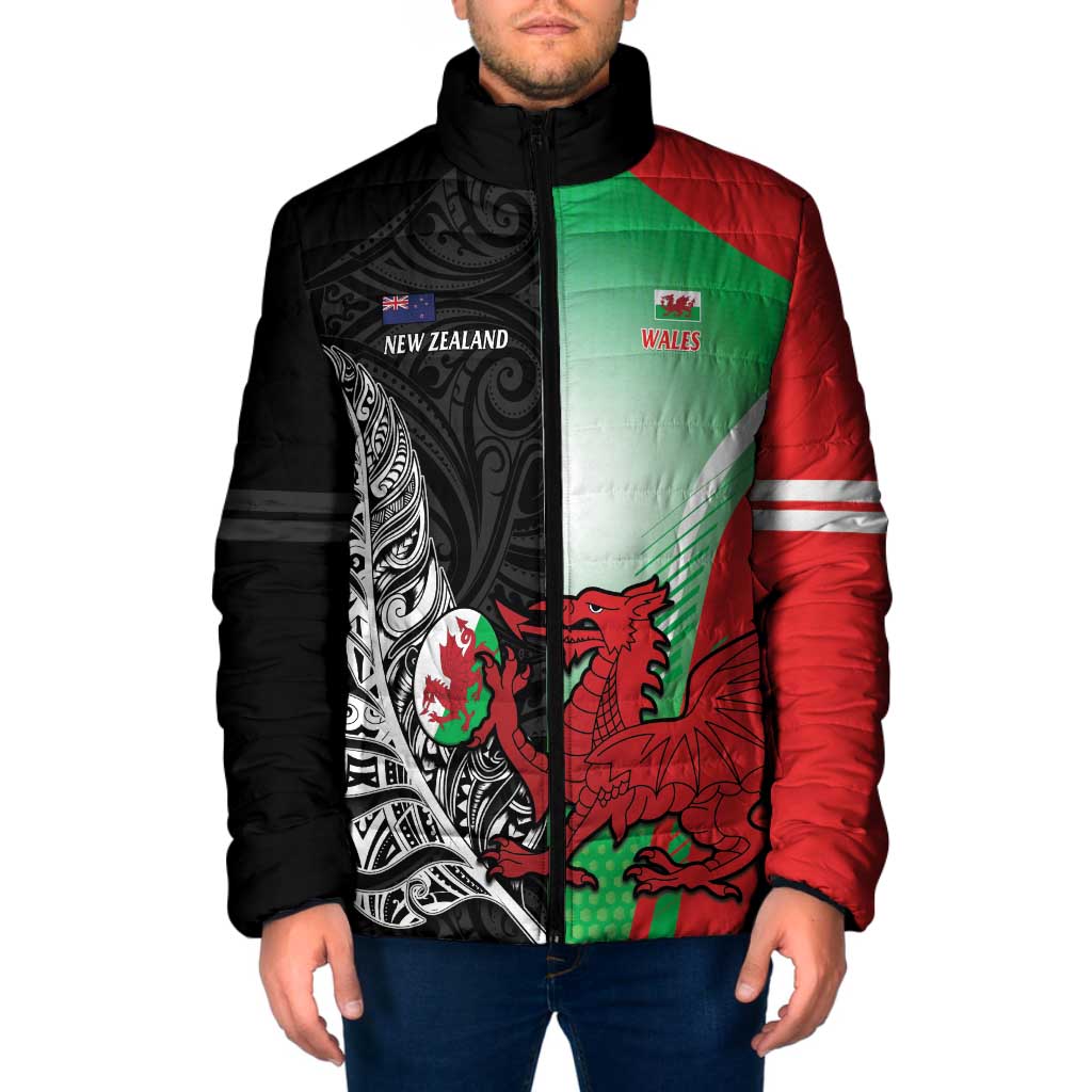 New Zealand and Wales Rugby Custom Padded Jacket Aotearoa All Black Combine Welsh Dragon - Wonder Print Shop