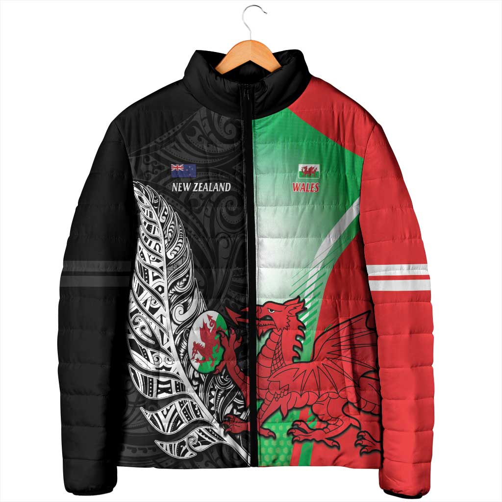 New Zealand and Wales Rugby Custom Padded Jacket Aotearoa All Black Combine Welsh Dragon - Wonder Print Shop