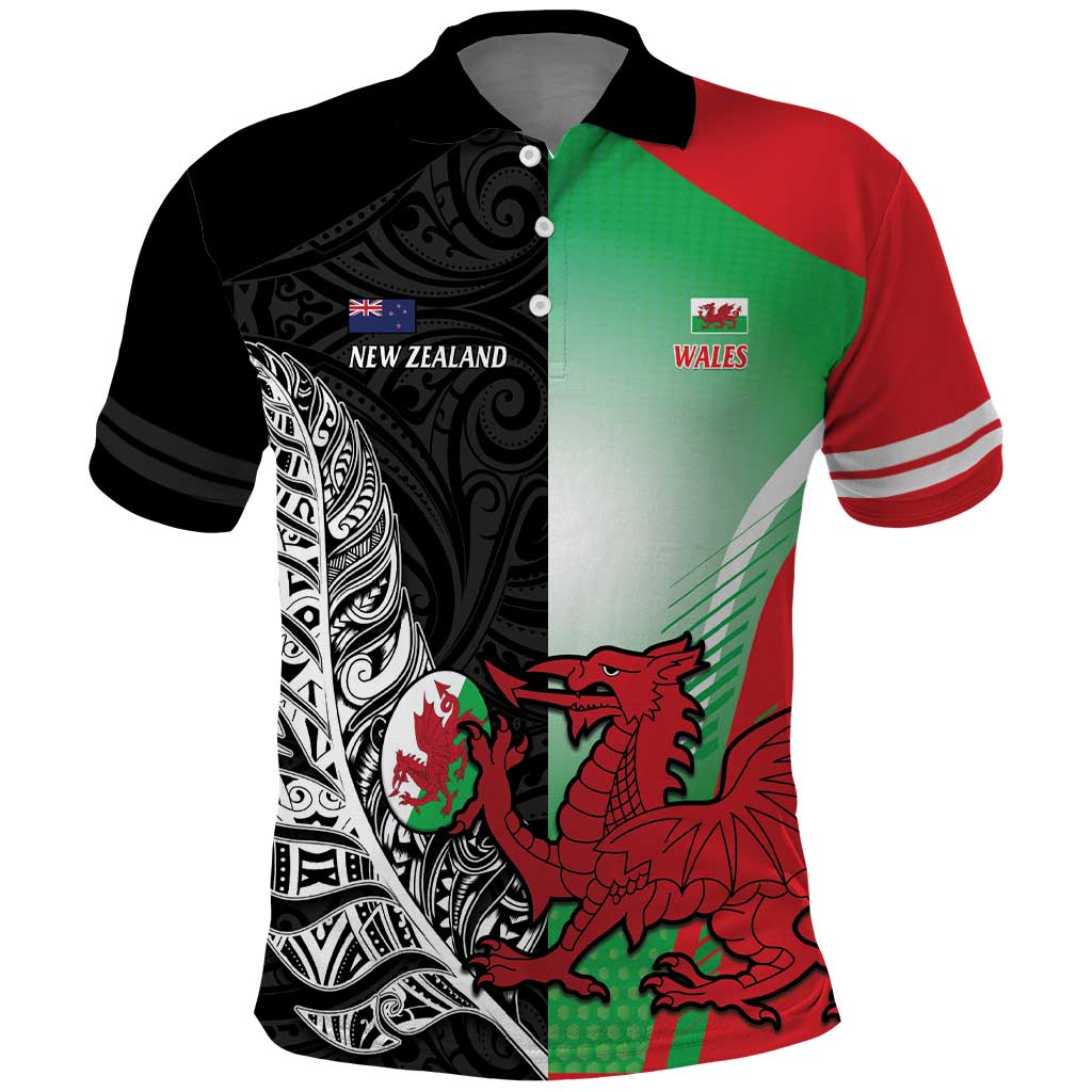 New Zealand and Wales Rugby Custom Polo Shirt Aotearoa All Black Combine Welsh Dragon - Wonder Print Shop