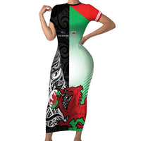 New Zealand and Wales Rugby Custom Short Sleeve Bodycon Dress Aotearoa All Black Combine Welsh Dragon - Wonder Print Shop