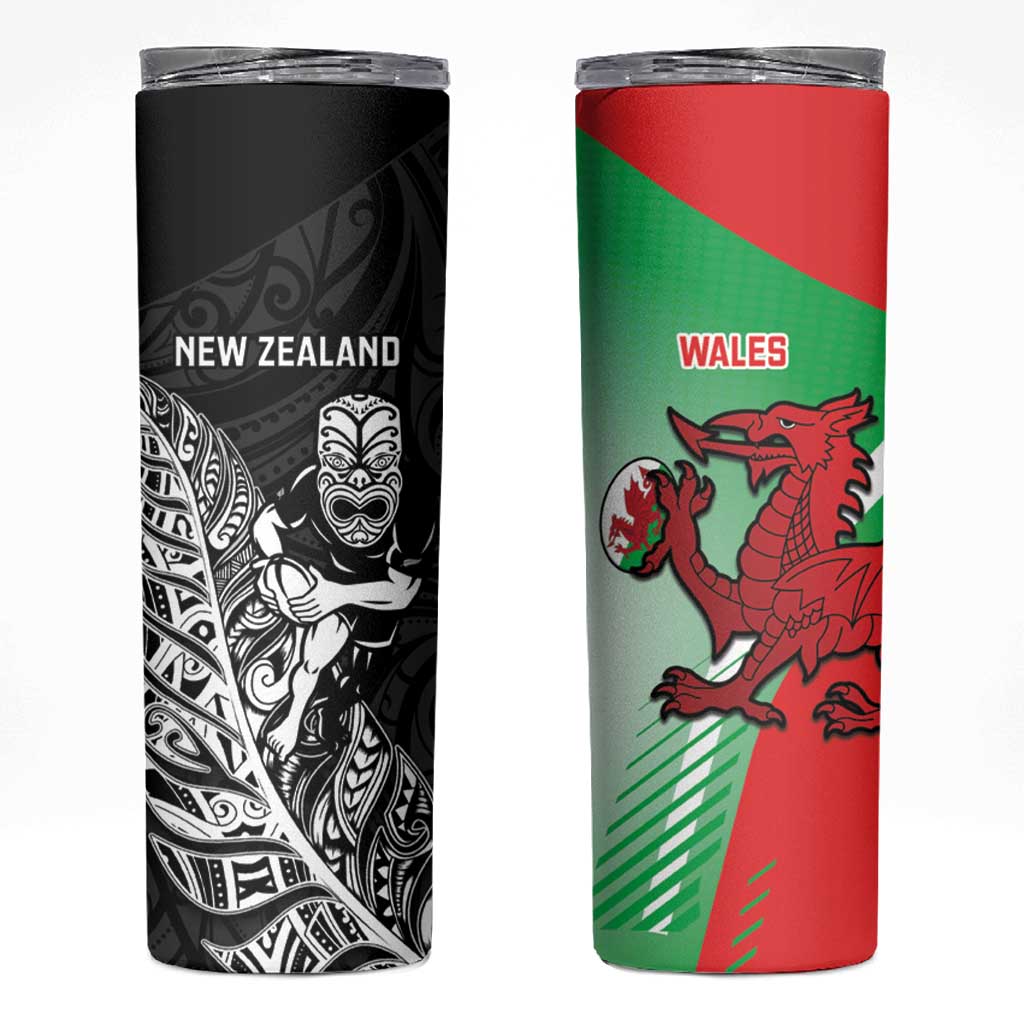 New Zealand and Wales Rugby Custom Skinny Tumbler Aotearoa All Black Combine Welsh Dragon - Wonder Print Shop