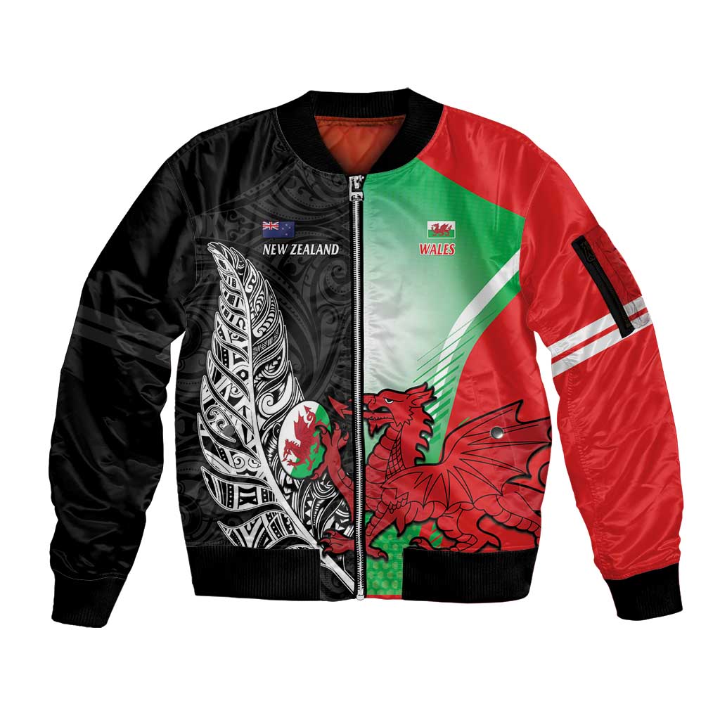 New Zealand and Wales Rugby Custom Sleeve Zip Bomber Jacket Aotearoa All Black Combine Welsh Dragon - Wonder Print Shop