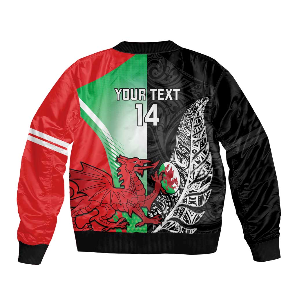 New Zealand and Wales Rugby Custom Sleeve Zip Bomber Jacket Aotearoa All Black Combine Welsh Dragon - Wonder Print Shop