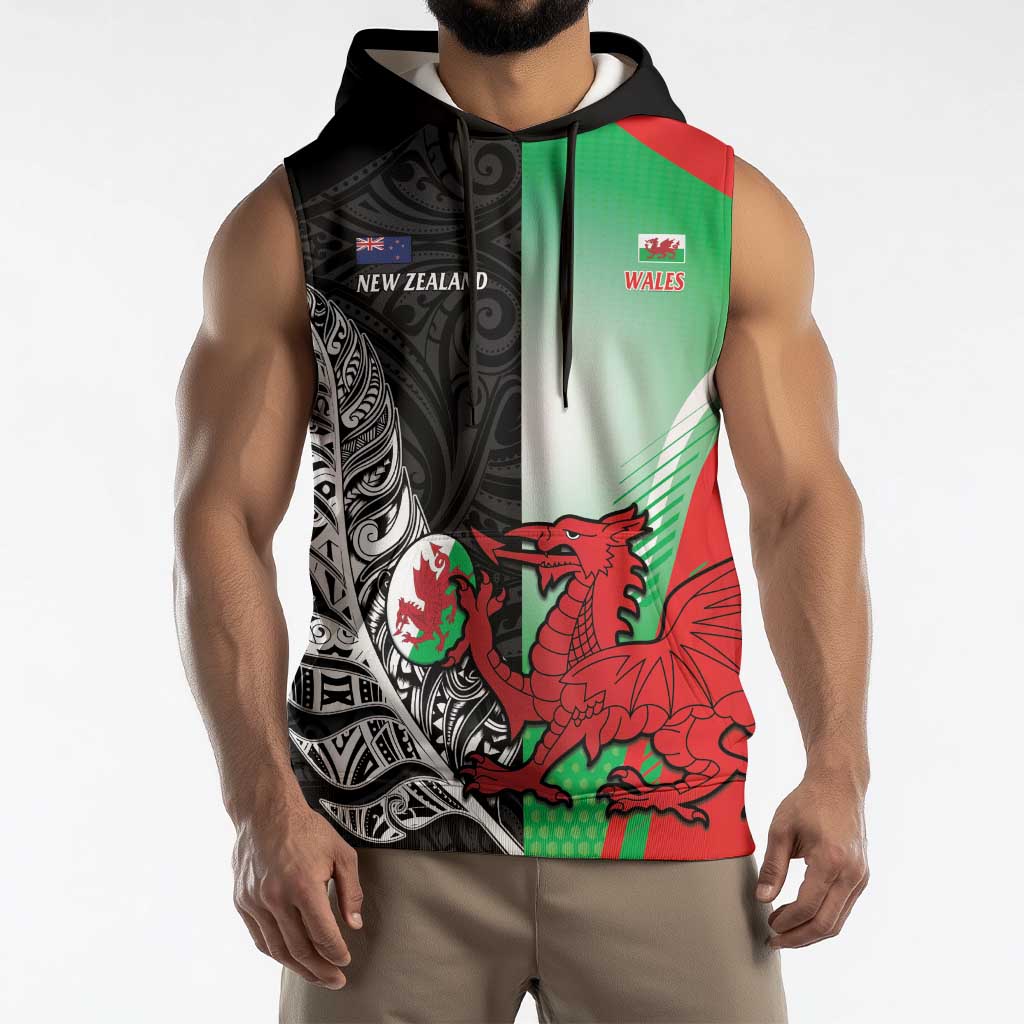 New Zealand and Wales Rugby Custom Sleeveless Hoodie Aotearoa All Black Combine Welsh Dragon - Wonder Print Shop
