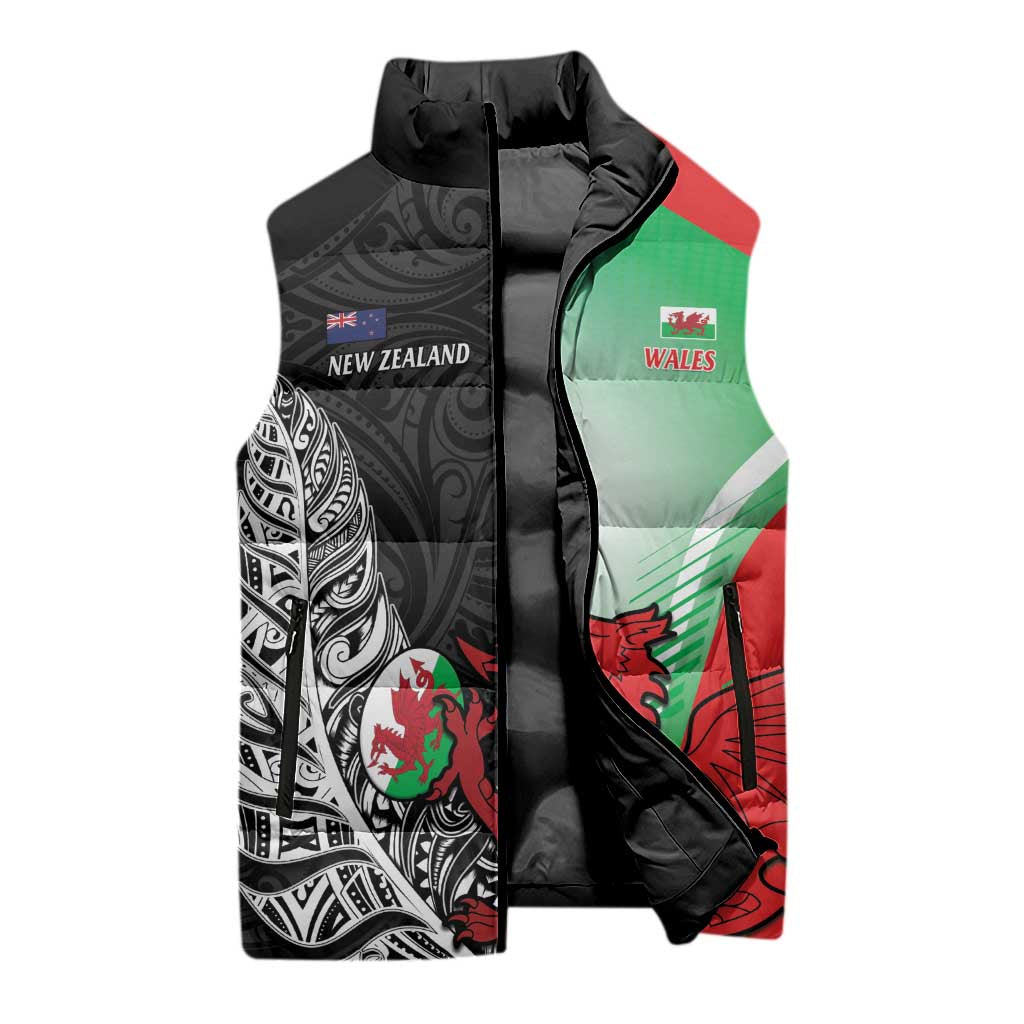 New Zealand and Wales Rugby Custom Sleeveless Puffer Jacket Aotearoa All Black Combine Welsh Dragon - Wonder Print Shop